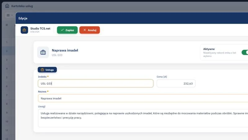 Studio TCS.net - okno Edycja usługi z przyciskami Zapisz i Anuluj, kartą usługi oraz polami Indeks, Cena, Nazwa i Uwagi