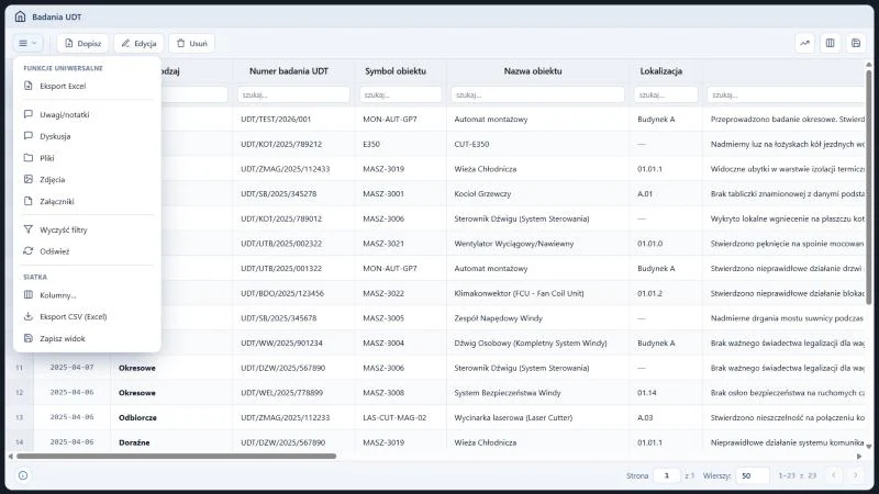 Studio TCS.net - rozwinięte menu uniwersalne rejestru Badania UDT z pozycjami Eksport Excel, Uwagi/notatki, Dyskusja, Pliki, Zdjęcia, Załączniki, Wyczyść filtry, Odśwież oraz grupą Siatka