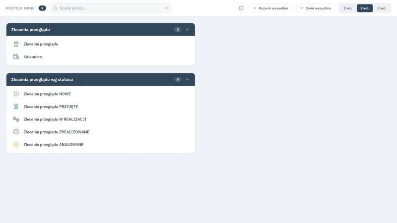 Studio TCS.net - podmenu Przeglądy w układzie Pozycje menu z blokiem Zlecenia przeglądu (kafelki Zlecenia przeglądu i Kalendarz) oraz blokiem Zlecenia przeglądu wg statusu z pięcioma kafelkami od NOWE do ANULOWANE