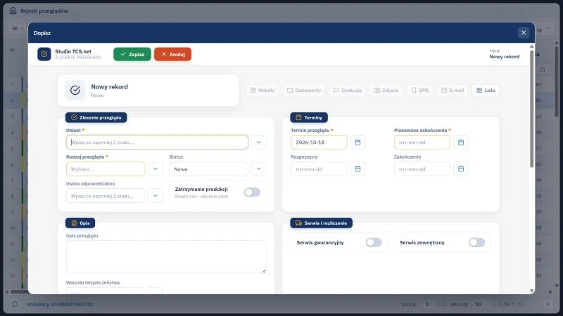 Studio TCS.net - okno Dopisz z formularzem ZLECENIE PRZEGLĄDU: przyciski Zapisz i Anuluj, tryb Nowy rekord, wyszarzone zakładki od Notatki do Lista, sekcje Zlecenie przeglądu, Terminy, Opis i Serwis i rozliczenie, pola Obiekt, Rodzaj przeglądu, Termin przeglądu i Planowane zakończenie oznaczone gwiazdką