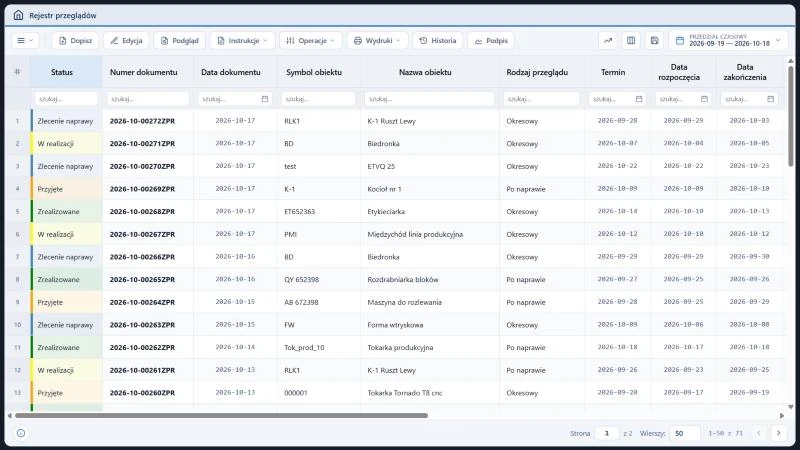 Studio TCS.net - Rejestr przeglądów z paskiem Dopisz, Edycja, Podgląd, Instrukcje, Operacje, Wydruki, Historia i Podpis, ikonami analizy danych, kolumn i widoku, przedziałem czasowym 2026-09-19 do 2026-10-18, wierszem filtrów szukaj i kolorowymi komórkami Status; pager Strona 1 z 2, 50 wierszy, 1-50 z 71