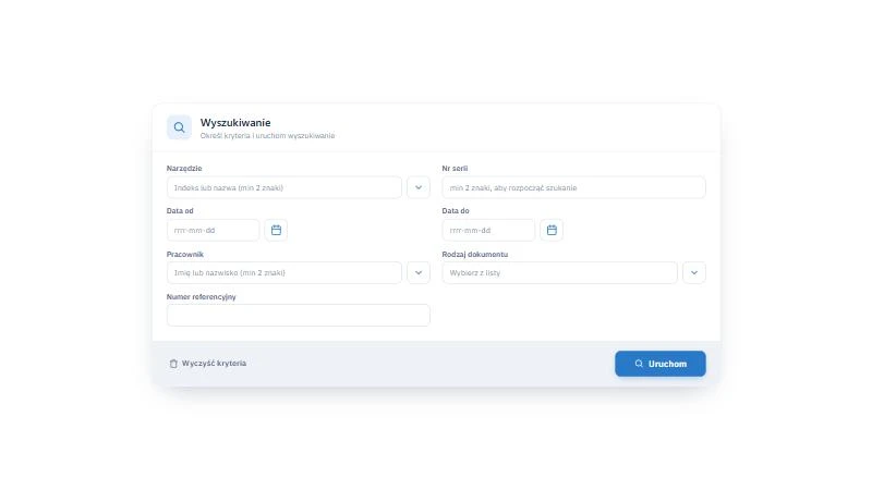 Studio TCS.net - okno Wyszukiwanie w CMMS z polami Narzędzie, Nr serii, Data od, Data do, Pracownik, Rodzaj dokumentu, Numer referencyjny oraz przyciskami Wyczyść kryteria i Uruchom