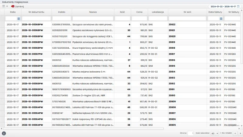 Studio TCS.net - tabela Dokumenty magazynowe po uruchomieniu wyszukiwania w CMMS: przycisk Zamknij, przedział czasowy, wiersz filtrów, kolumny od Data do Nr faktury i pager z licznikiem 1-40 z 54208