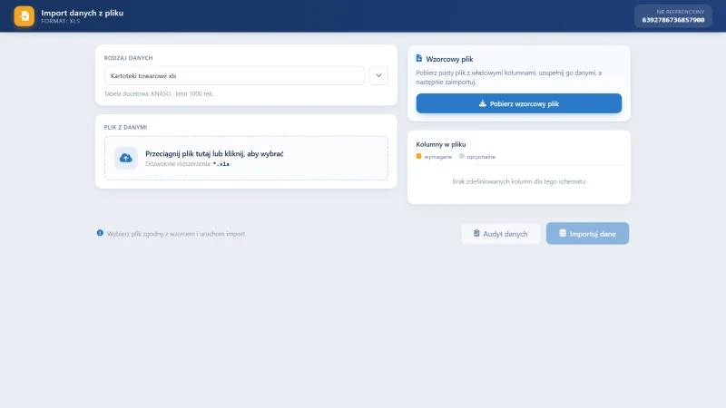 Studio TCS.net - ekran Import danych z pliku w formacie XLS z polem Rodzaj danych, polem Plik z danymi, kartami Wzorcowy plik i Kolumny w pliku oraz nieaktywnymi przyciskami Audyt danych i Importuj dane