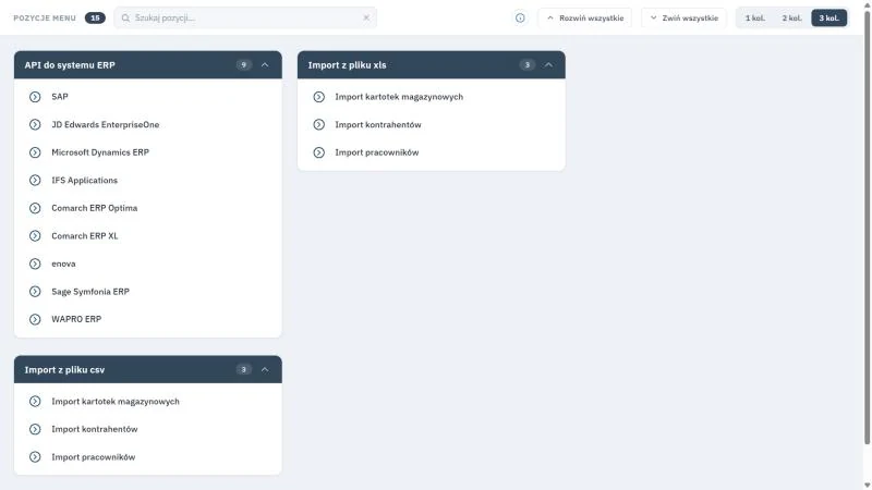 Studio TCS.net - ekran Import kartotek z kartami importu z plików csv i xls oraz kartą API do systemu ERP z dziewięcioma nazwami systemów