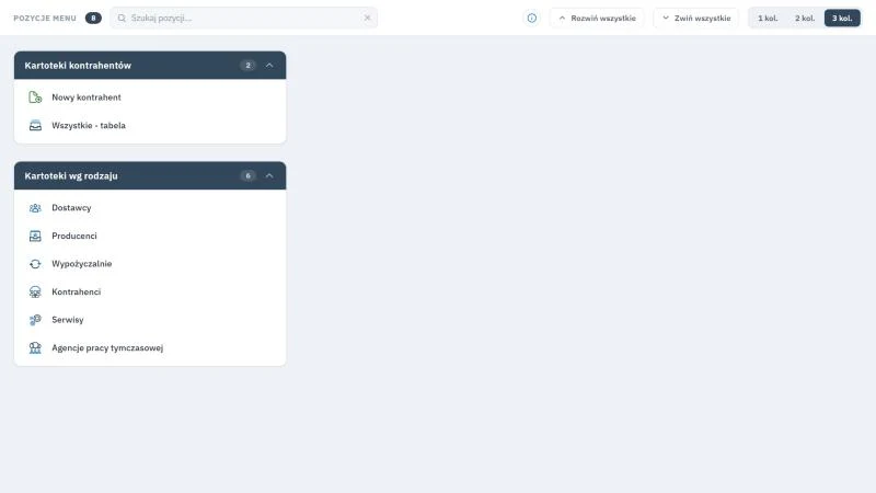 Studio TCS.net - ekran kafelkowy Kontrahenci z grupami Kartoteki kontrahentów (Nowy kontrahent, Wszystkie - tabela) i Kartoteki wg rodzaju (sześć rejestrów)