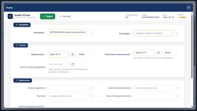 Studio TCS.net - formularz Dopisz dokument legalizacji z sekcjami Narzędzie, Termin i Wykonanie, wybraną poziomnicą i podpowiedzią planowanego zakończenia