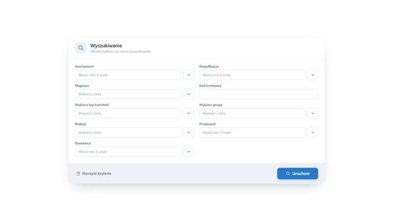 Studio TCS.net - karta Wyszukiwanie w menu MAGAZYN z dziewięcioma polami od Asortyment do Dostawca oraz przyciskami Wyczyść kryteria i Uruchom