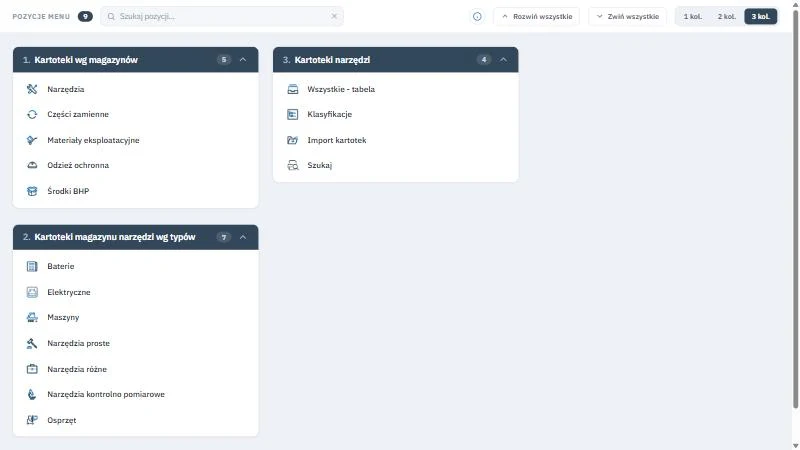 Studio TCS.net - ekran Pozycje menu z trzema grupami kartotek: Kartoteki wg magazynów, Kartoteki magazynu narzędzi wg typów i Kartoteki narzędzi, polem Szukaj pozycji i przyciskami układu 1, 2 i 3 kolumny