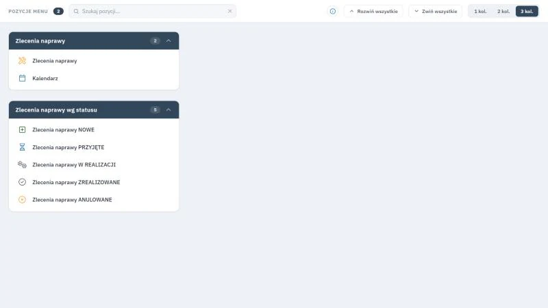 Studio TCS.net - podmenu CMMS, Naprawy z kafelkami Zlecenia naprawy i Kalendarz oraz pięcioma kafelkami statusów od NOWE do ANULOWANE