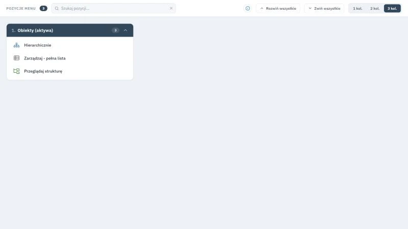 Studio TCS.net - ekran Pozycje menu z grupą 1. Obiekty (aktywa) i trzema pozycjami: Hierarchicznie, Zarządzaj - pełna lista, Przeglądaj strukturę