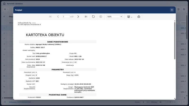 Studio TCS.net - okno Podgląd z raportem Kartoteka obiektu: sekcje Dane podstawowe i Parametry oraz początek sekcji Pozostałe dane