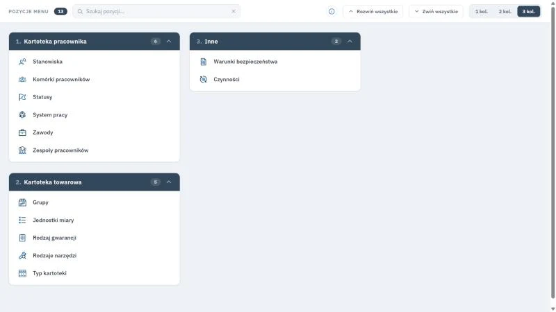 Studio TCS.net - kafelkowe menu słowników KARTOTEKI, Słowniki z grupami 1. Kartoteka pracownika i 2. Kartoteka towarowa