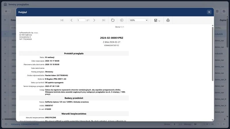 Studio TCS.net - okno Podgląd z raportem Protokół przeglądu: Data rozpoczęcia 2026-10-17, Termin kolejnego przeglądu 2025-07-30, dane narzędzia i warunki bezpieczeństwa