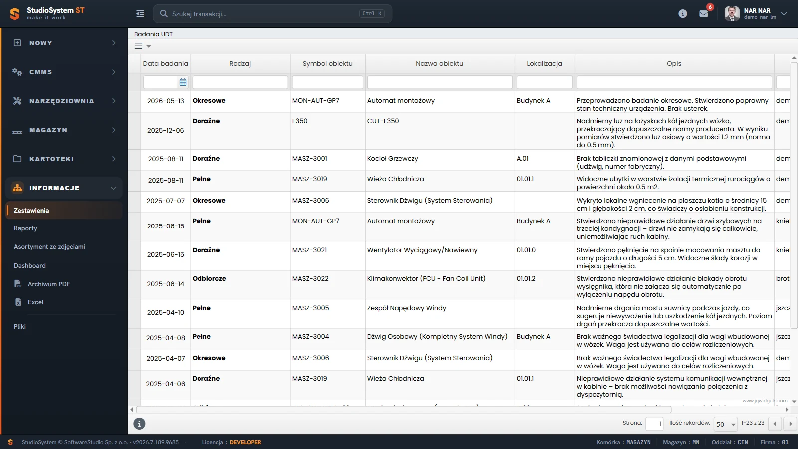 Studio TCS.net - Zestawienie UDT w menu Informacje: tabela Badania UDT tylko do odczytu z kolumnami od Data badania do Opis, bez przycisków Dopisz i Edycja