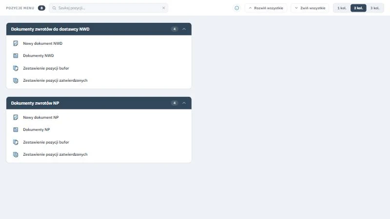 Studio TCS.net - strona Rejestracja zwrotów narzędzi z nagłówkiem Pozycje menu oraz kartami Dokumenty zwrotów do dostawcy NWD i Dokumenty zwrotów NP, każda z czterema pozycjami