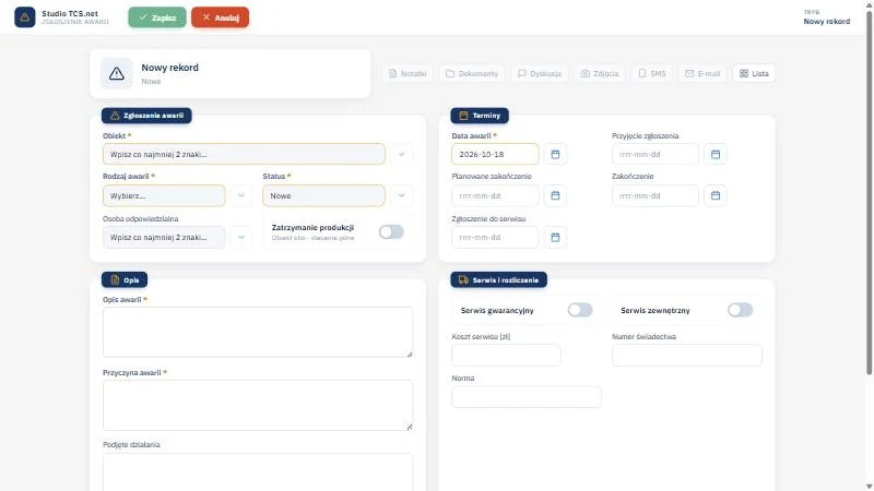 Studio TCS.net - formularz Zgłoszenie awarii w czterech kartach: Zgłoszenie awarii, Terminy, Opis oraz Serwis i rozliczenie, z przyciskami Zapisz i Anuluj