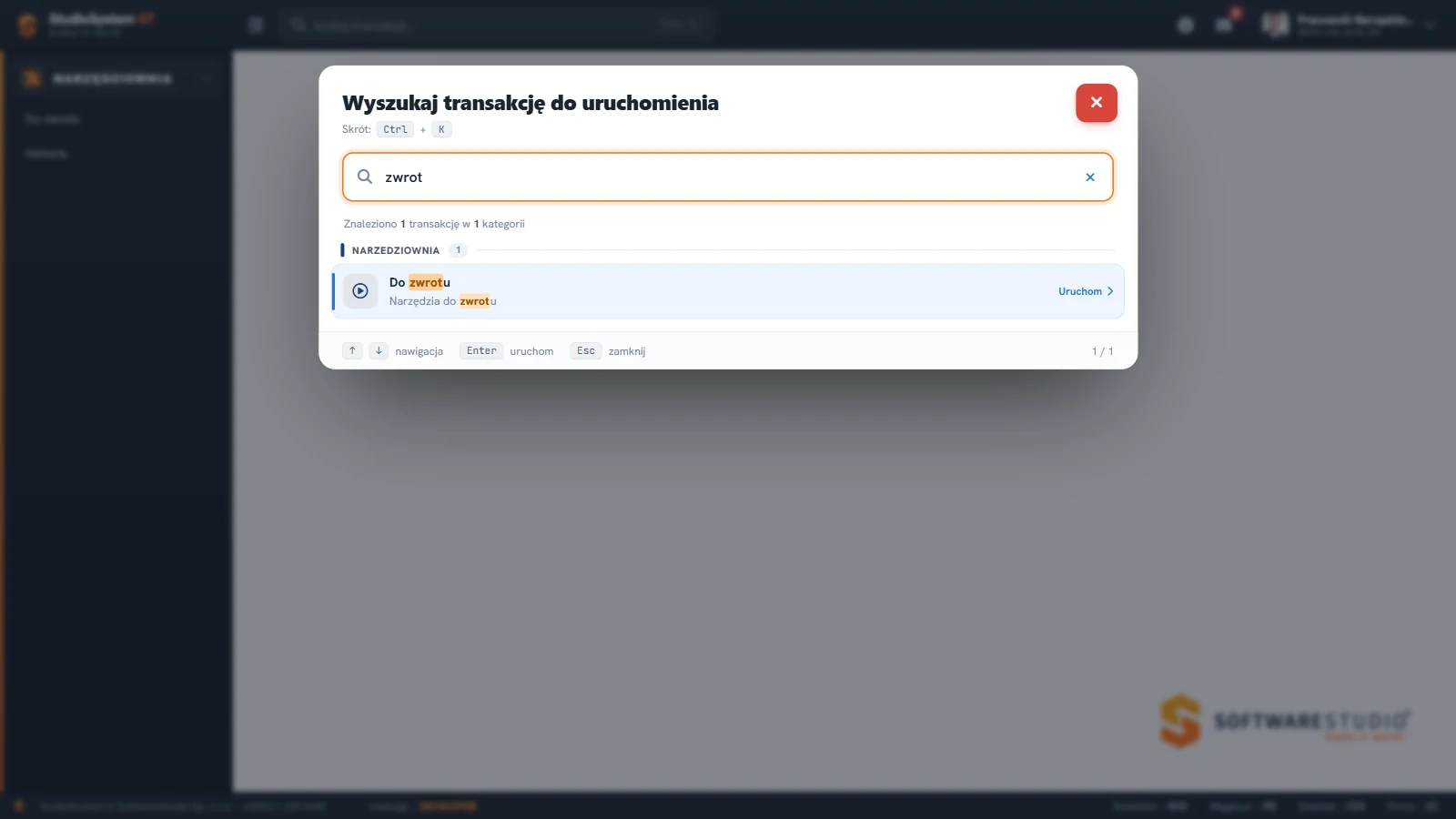 Studio TCS.net - okno Wyszukaj transakcję do uruchomienia z frazą zwrot i jednym wynikiem Do zwrotu pod nagłówkiem kategorii z licznikiem