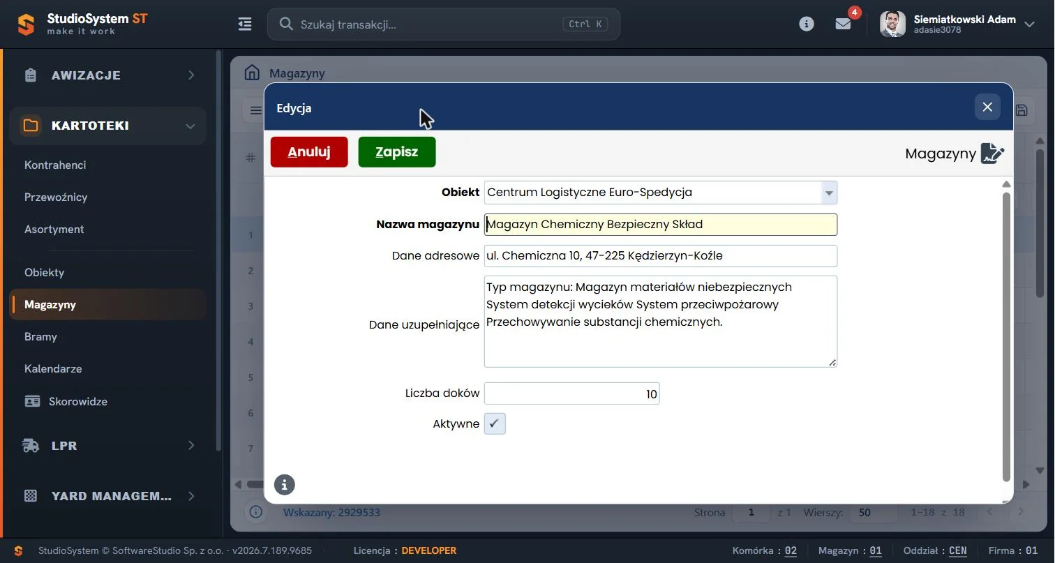 Formularz edycji magazynu chemicznego z danymi adresowymi i liczbą 10 doków - Studio VSS.net