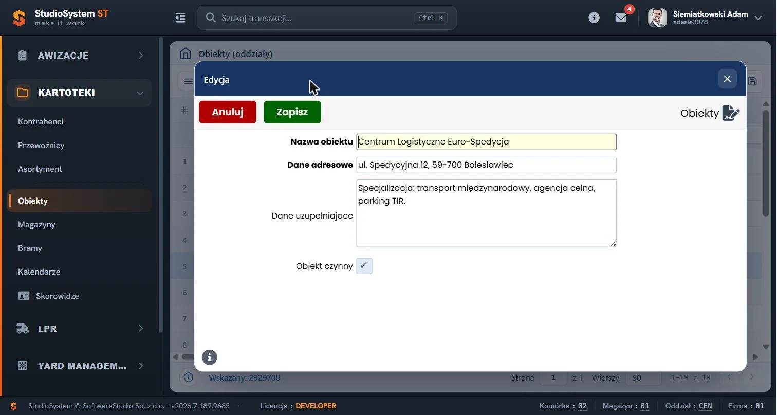 Formularz edycji obiektu logistycznego Euro-Spedycja z adresem i specjalizacją - Studio VSS.net