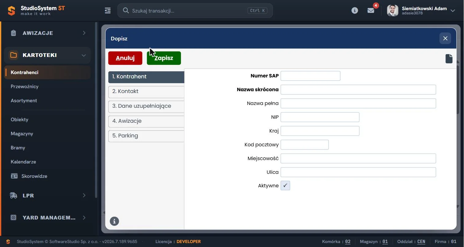 Studio VSS.net – formularz dodawania nowego kontrahenta – dane podstawowe kartoteki