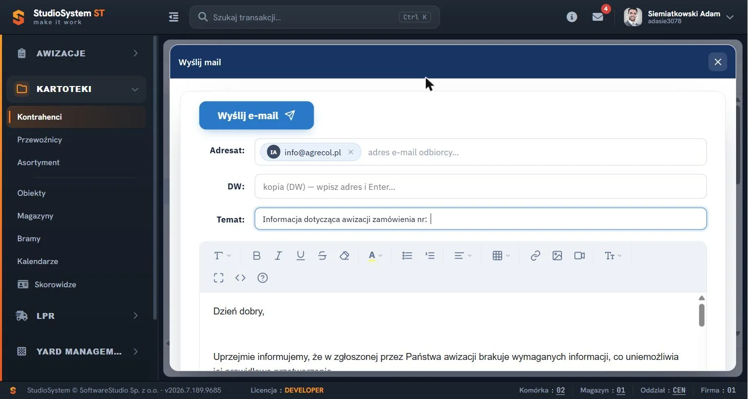 Studio VSS.net – okno dialogowe wysyłki e-mail do kontrahenta z kartoteki systemu