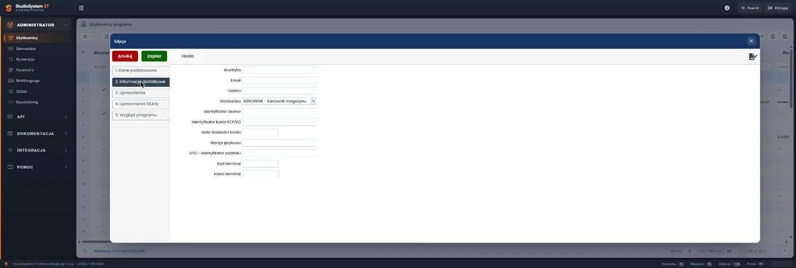 Formularz edycji konta VSS.net - zakładka Dane uzupełniające z polami Email, Telefon, Stanowisko, Data Ważności Konta i identyfikatorami skanera, karty RCP i terminala