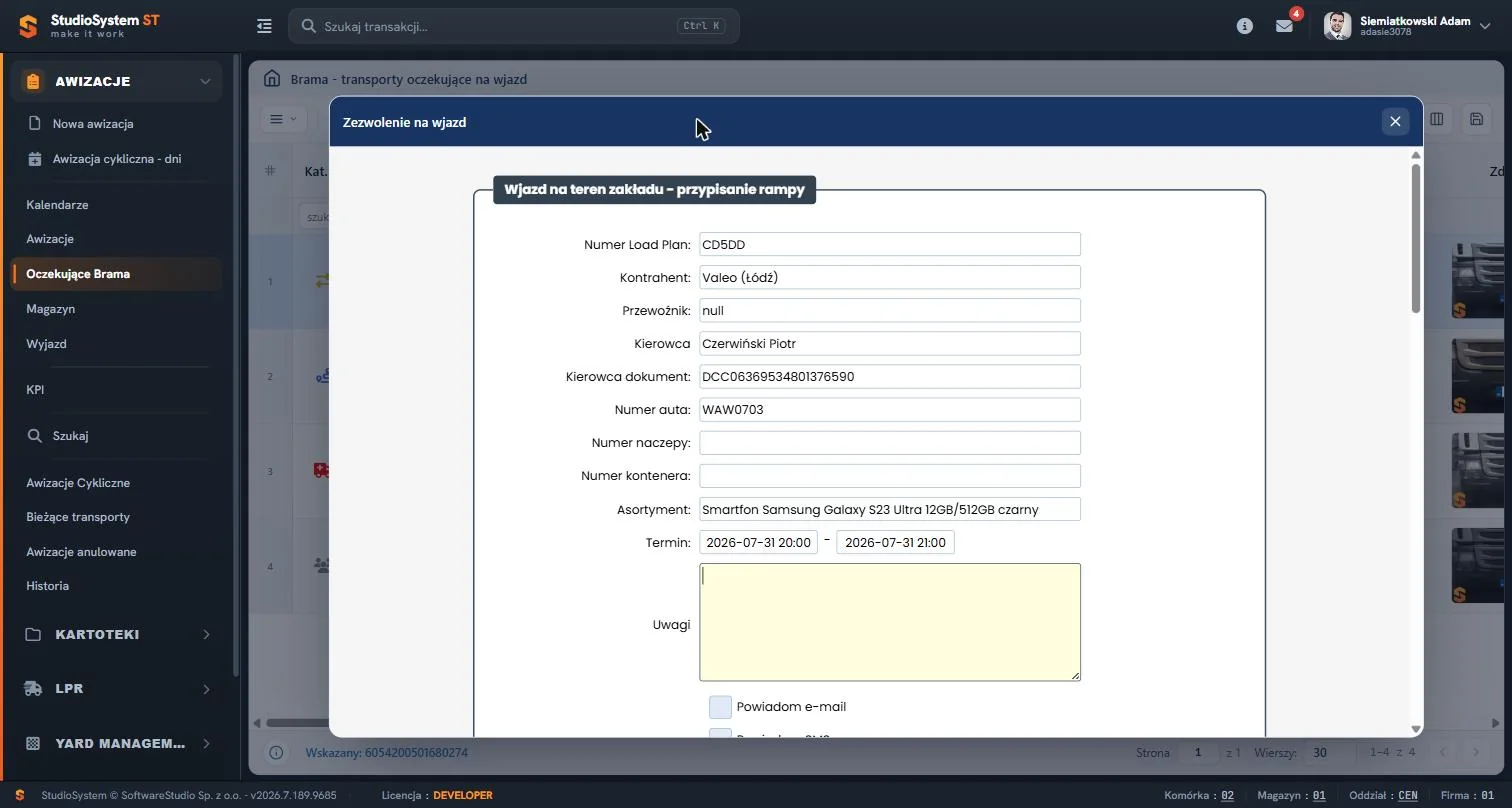 Formularz zezwolenia na wjazd z przypisaniem rampy i danymi pojazdu FitMeble - VSS.net