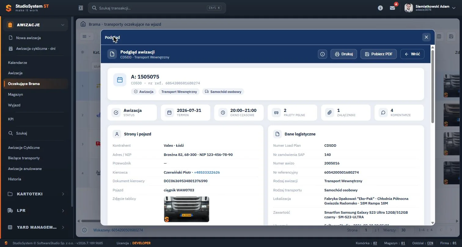 Podgląd awizacji Transport Wewnętrzny z danymi dostawy Valeo - Load Plan CD5DD - VSS.net