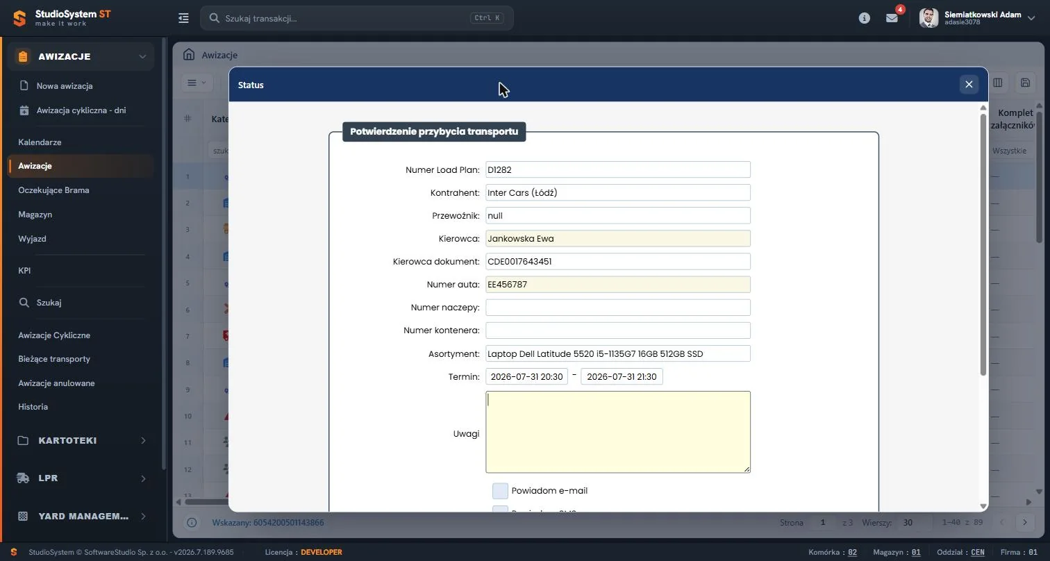 Formularz potwierdzenia przybycia transportu D1282 z opcją powiadomienia e-mail i SMS - VSS.net