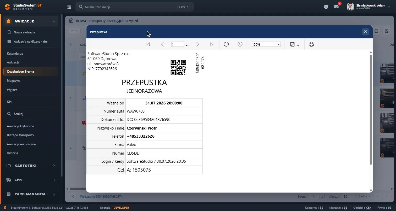 Przepustka jednorazowa kierowcy Valeo z kodem QR i danymi wjazdu Load Plan CD5DD - VSS.net