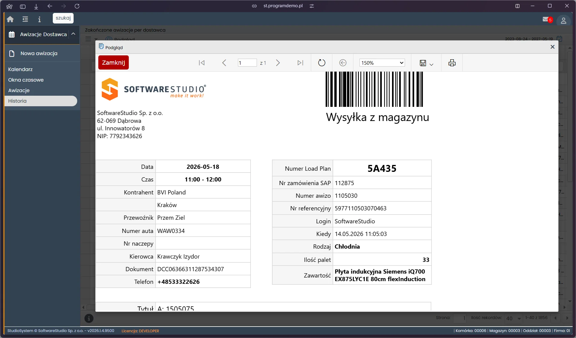 Podgląd dokumentu historycznej awizacji w portalu dostawcy VSS.net - PDF z danymi zakończonego transportu