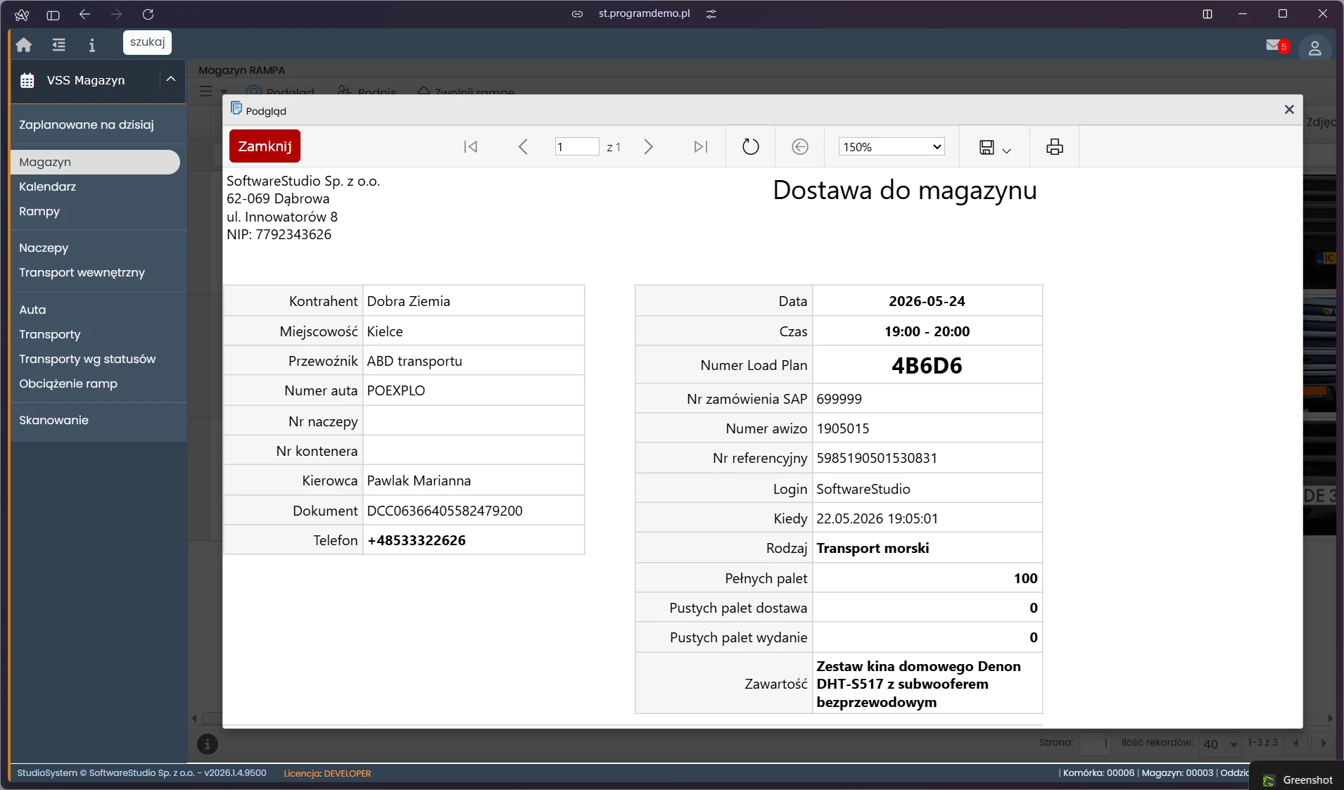 Podgląd dokumentu Dostawa do magazynu VSS.net - PDF z Load Plan 4B6D6 kontrahent Dobra Ziemia 100 palet