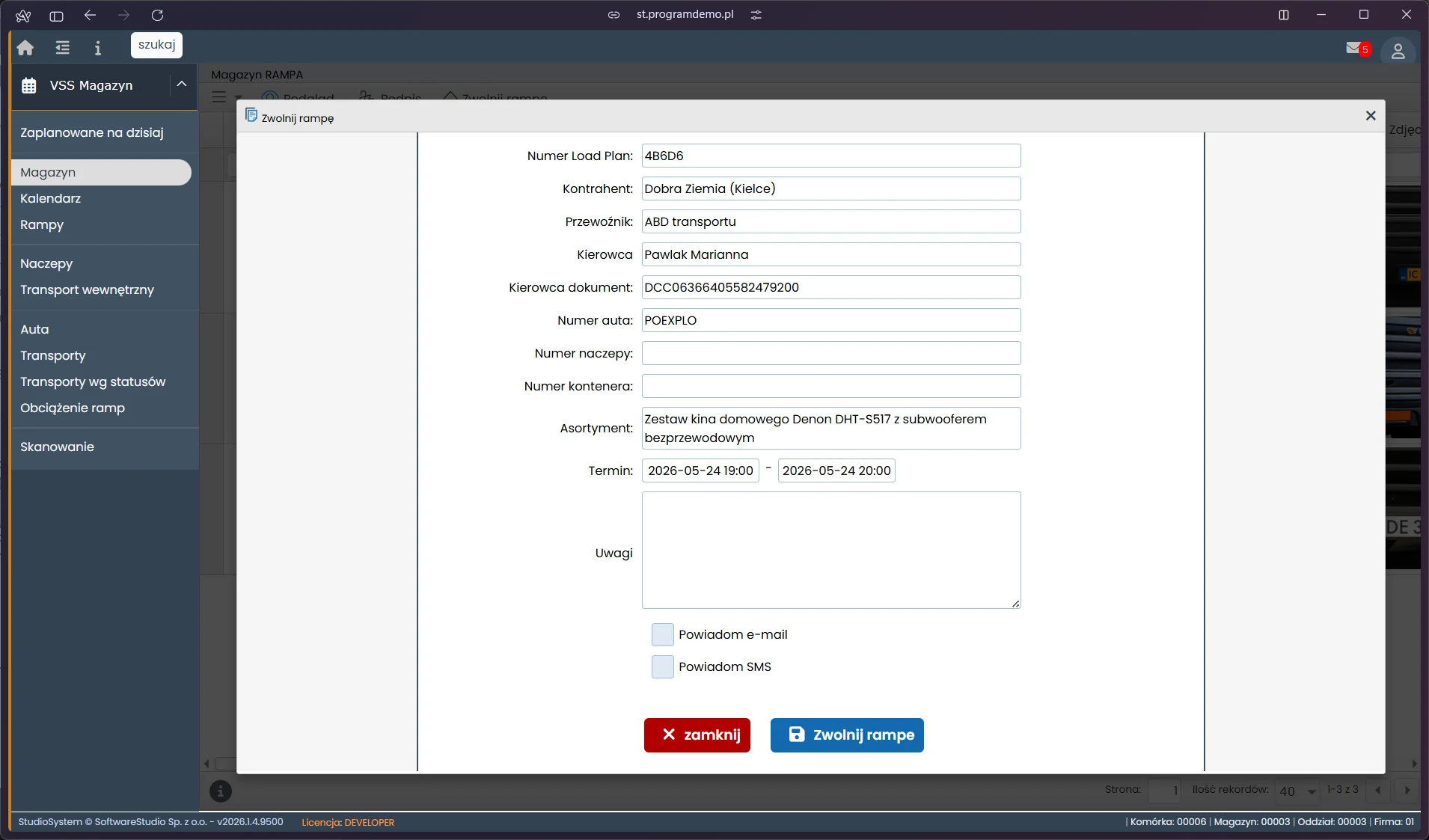 Dialog Zwolnij rampę VSS Magazyn VSS.net - podsumowanie transportu Load Plan 4B6D6 z opcją powiadomień e-mail SMS