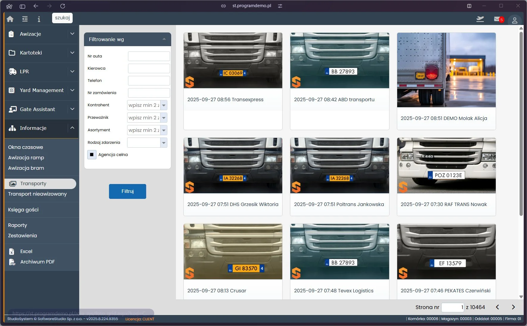 Studio VSS.net - galeria Transporty w menu Informacje z panelem Filtrowanie wg po lewej i kartami zdjęć pojazdów po prawej