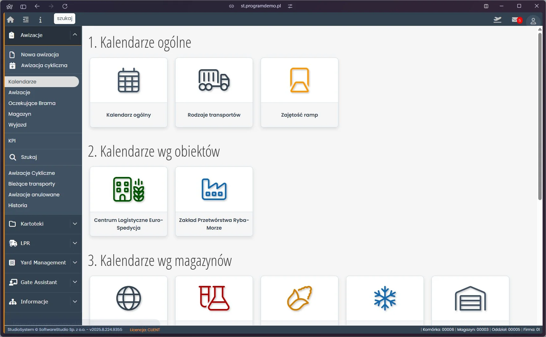 Studio VSS.net - kafelkowe menu Kalendarze w sekcji Awizacje z grupami kalendarzy ogólnych, według obiektów i według magazynów
