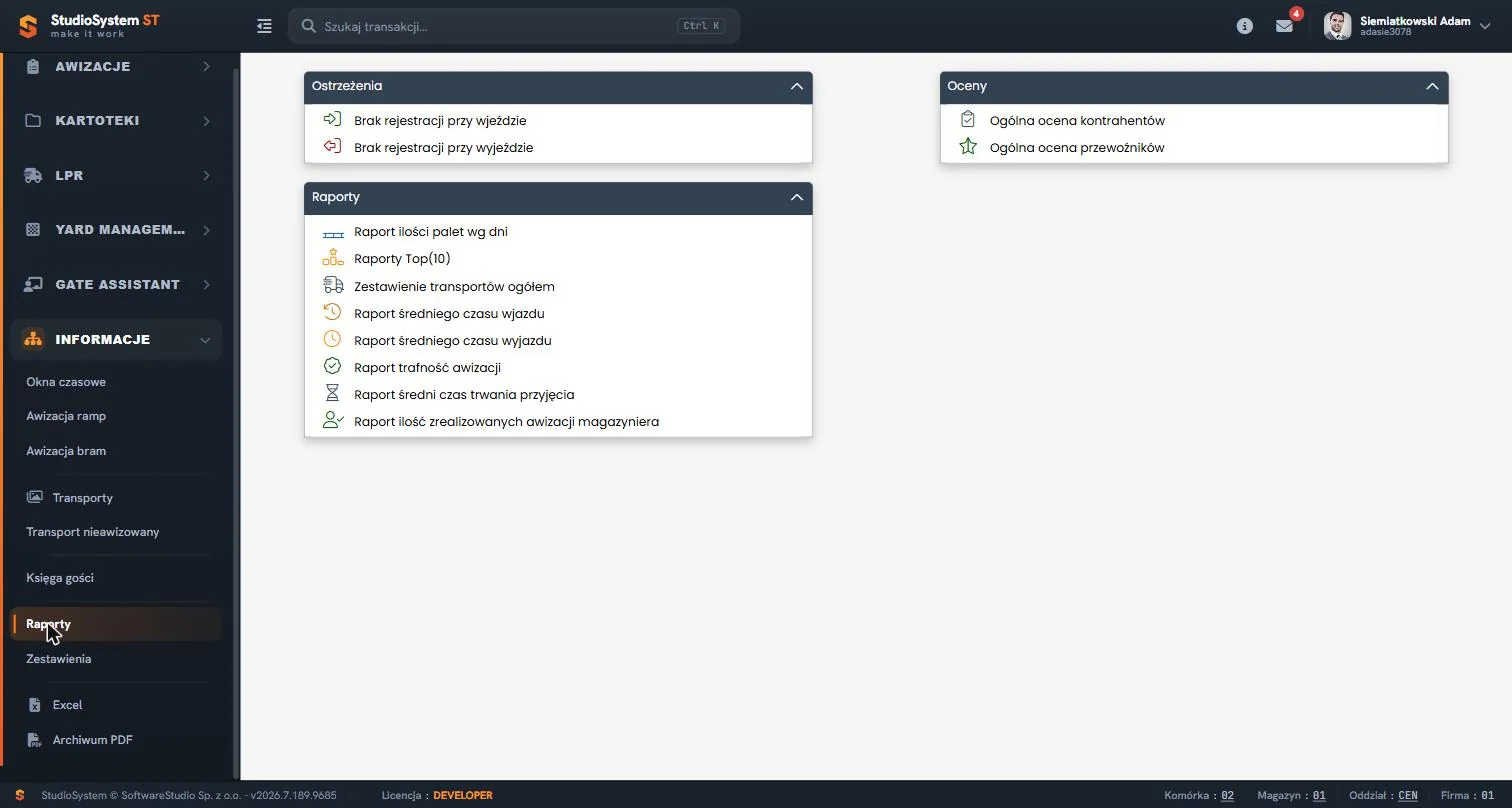 Lista dostępnych raportów w module Informacje VSS.net z trzema sekcjami: Ostrzeżenia, Raporty, Oceny – Studio VSS.net