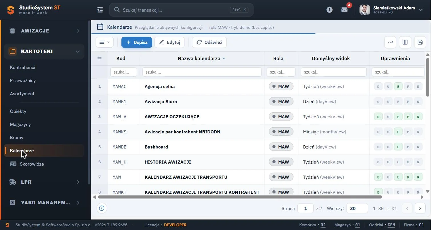 Studio VSS.net – Kartoteki – lista konfiguracji kalendarzy awizacji