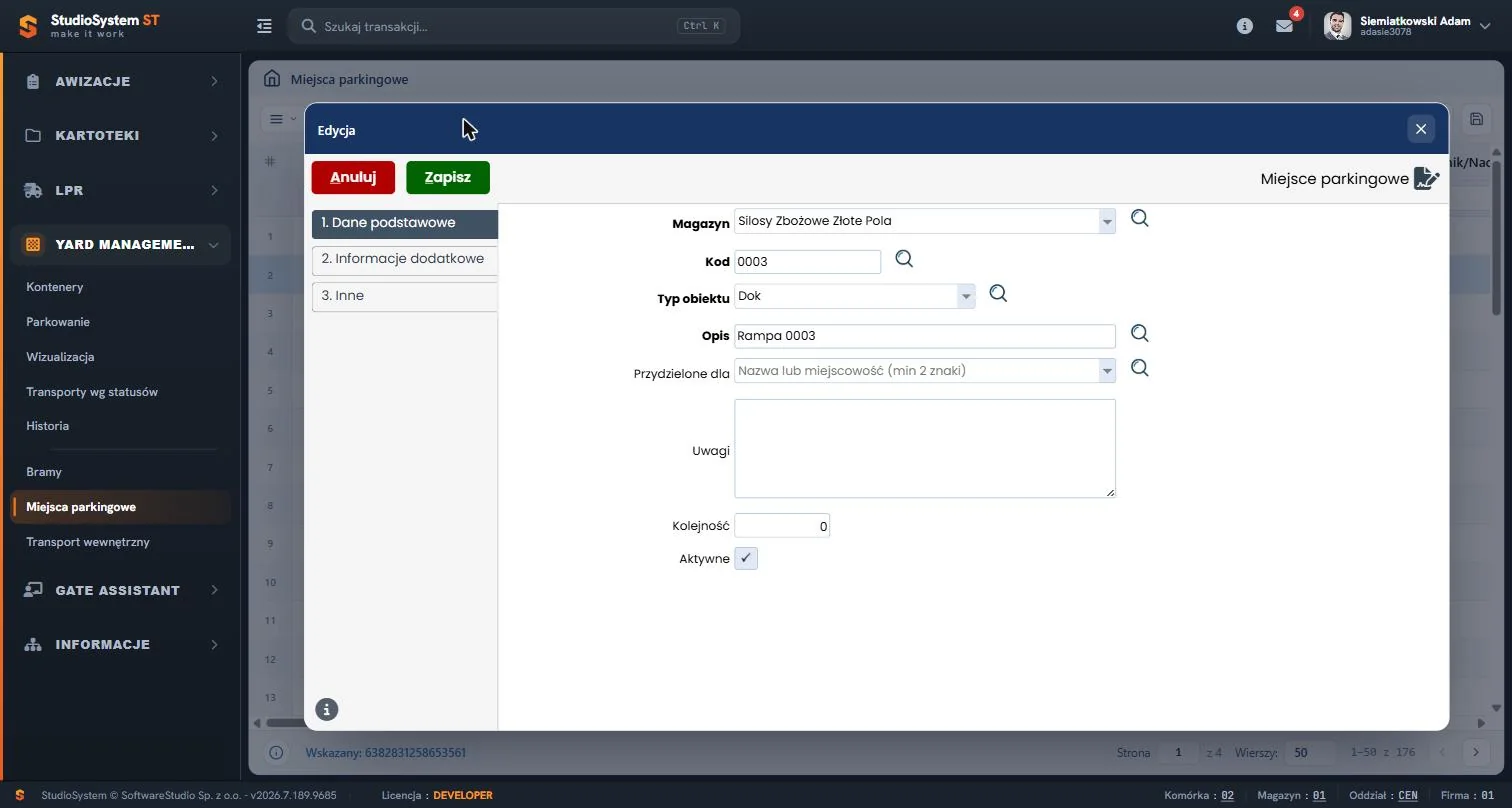 Studio VSS.net – Yard Management – edycja miejsca parkingowego – dane podstawowe