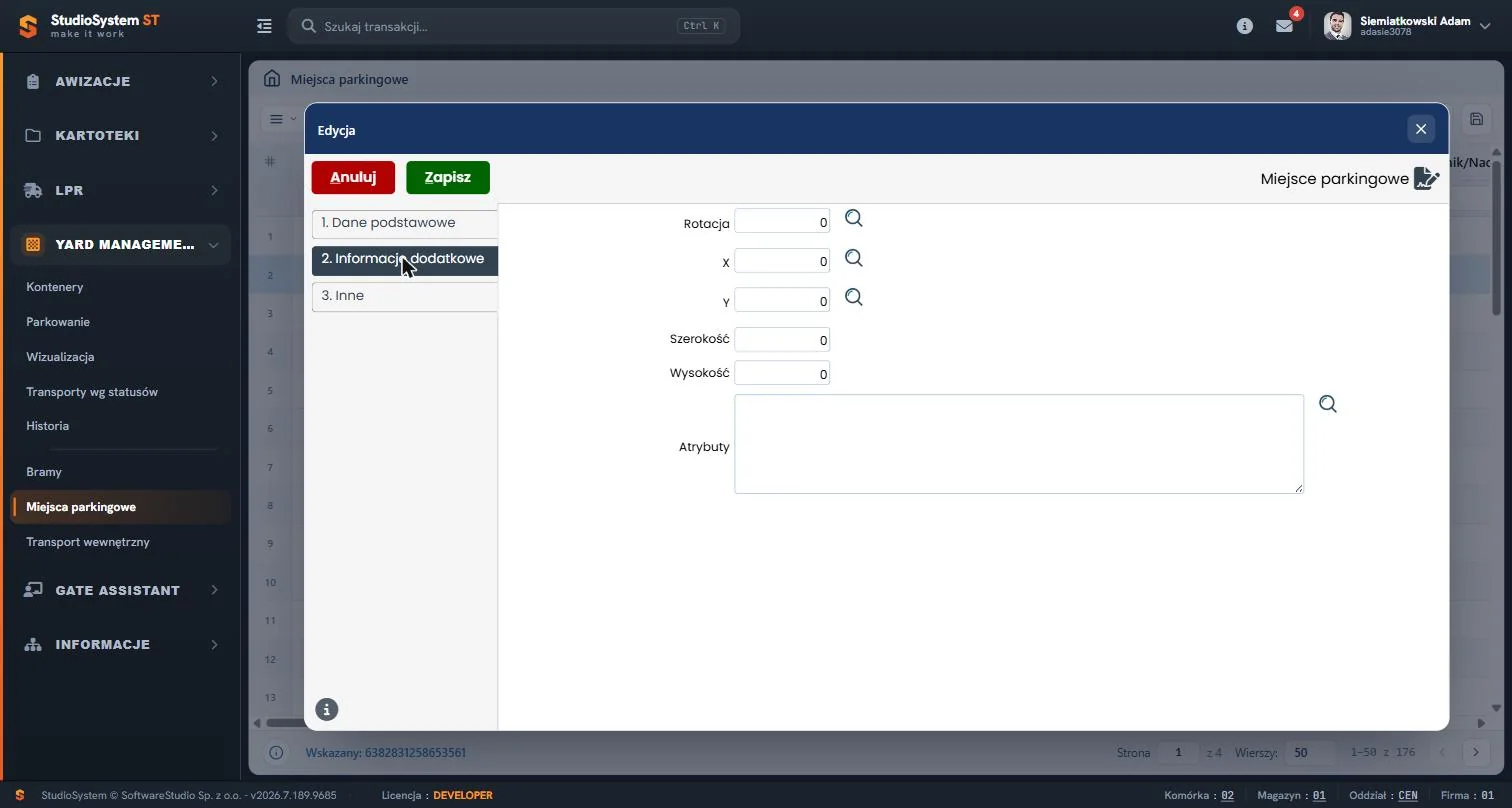 Studio VSS.net – Yard Management – edycja miejsca – pozycja na mapie wizualizacji