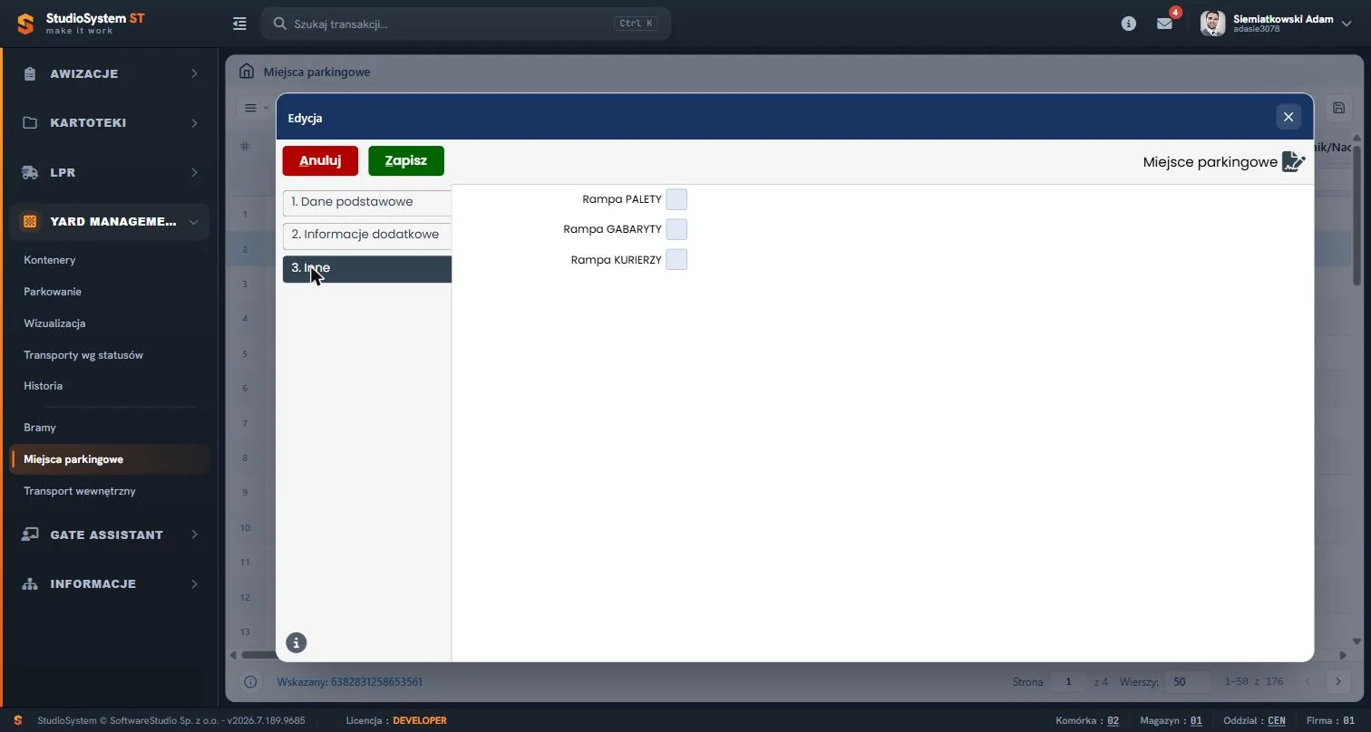Studio VSS.net – Yard Management – edycja miejsca parkingowego – typ rampy