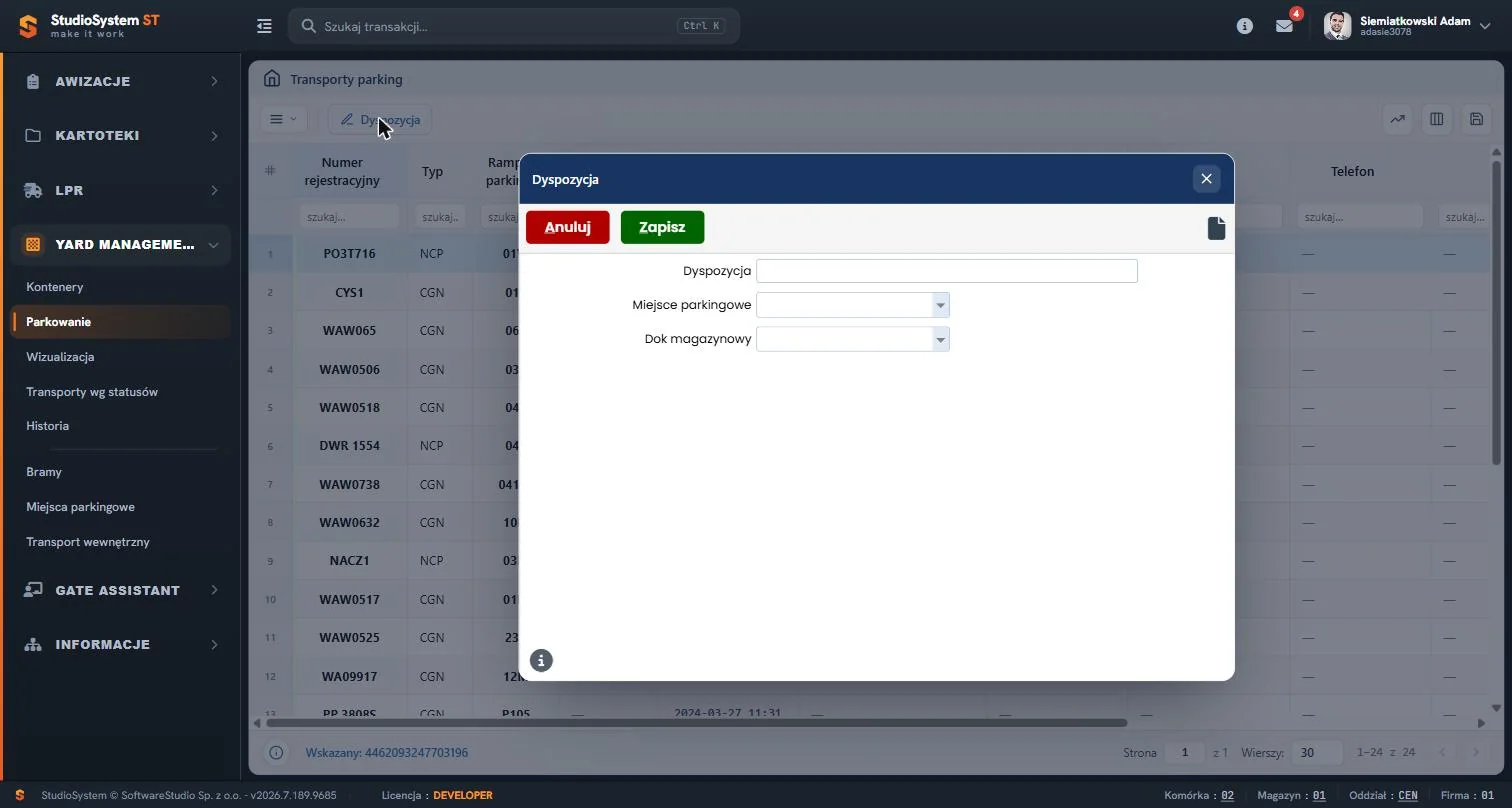 Studio VSS.net - Yard Management - formularz dyspozycji miejsca parkingowego