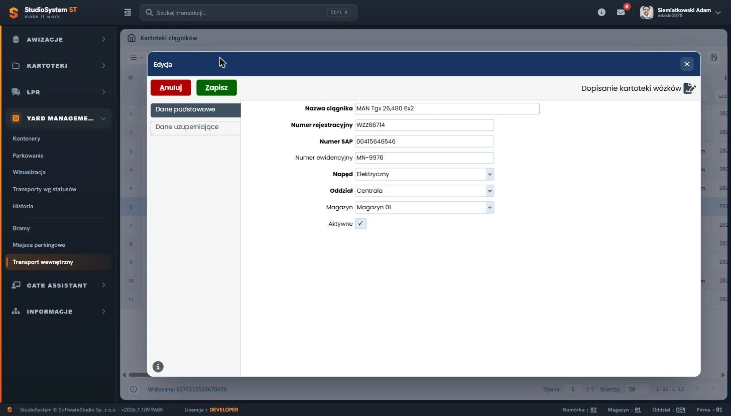 Studio VSS.net – Yard Management – edycja ciągnika wewnętrznego – dane podstawowe