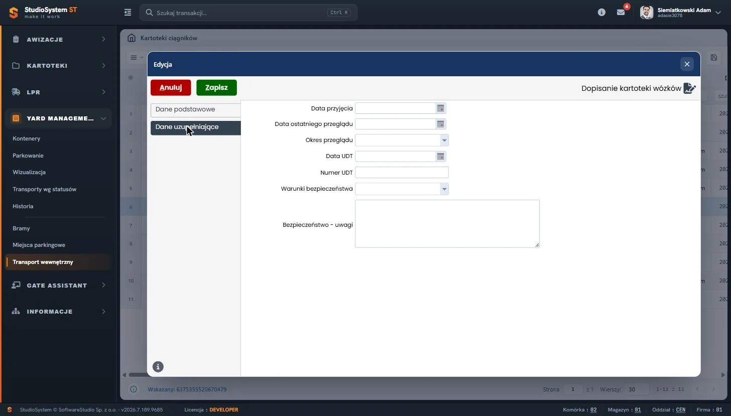 Studio VSS.net – Yard Management – edycja ciągnika – dane UDT i przeglądy