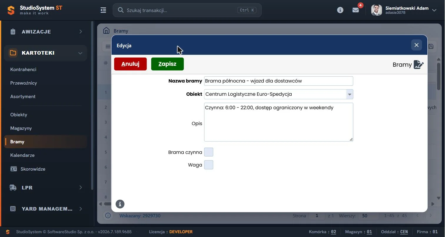 Studio VSS.net – Yard Management – formularz edycji bramy wjazdowej