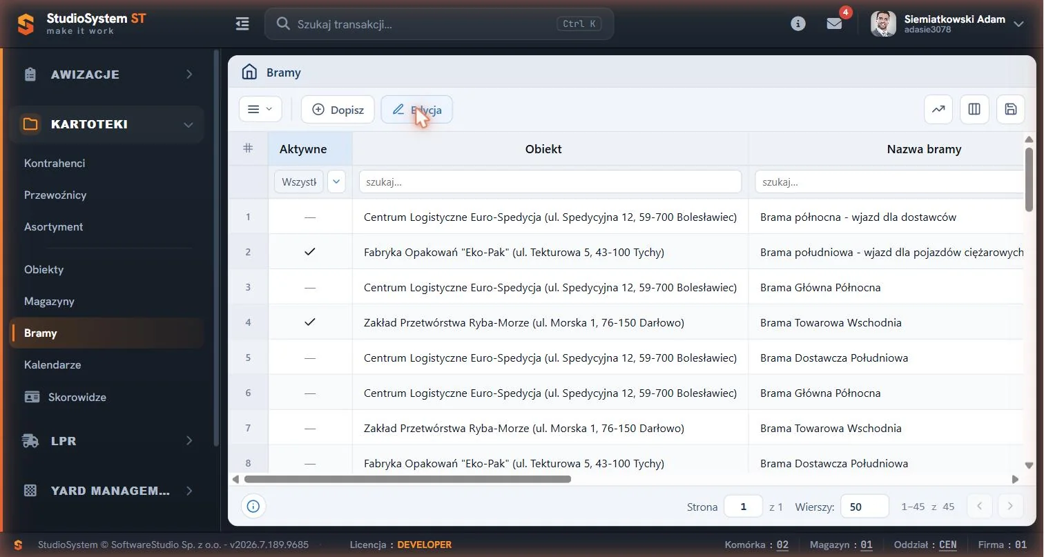 Studio VSS.net – Yard Management – lista bram wjazdowych i wyjazdowych obiektu