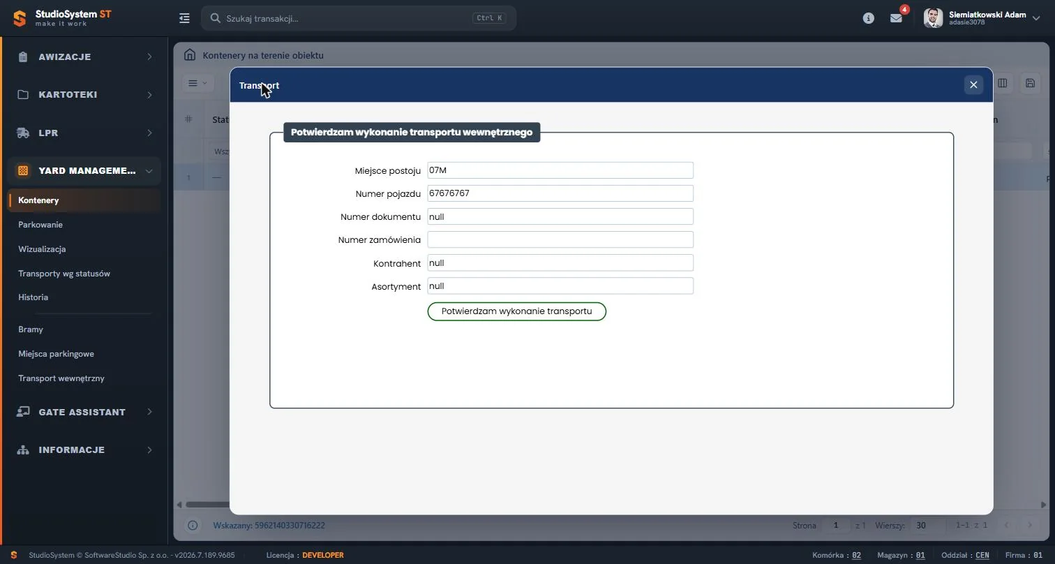 Studio VSS.net – Yard Management – potwierdzenie transportu wewnętrznego kontenera