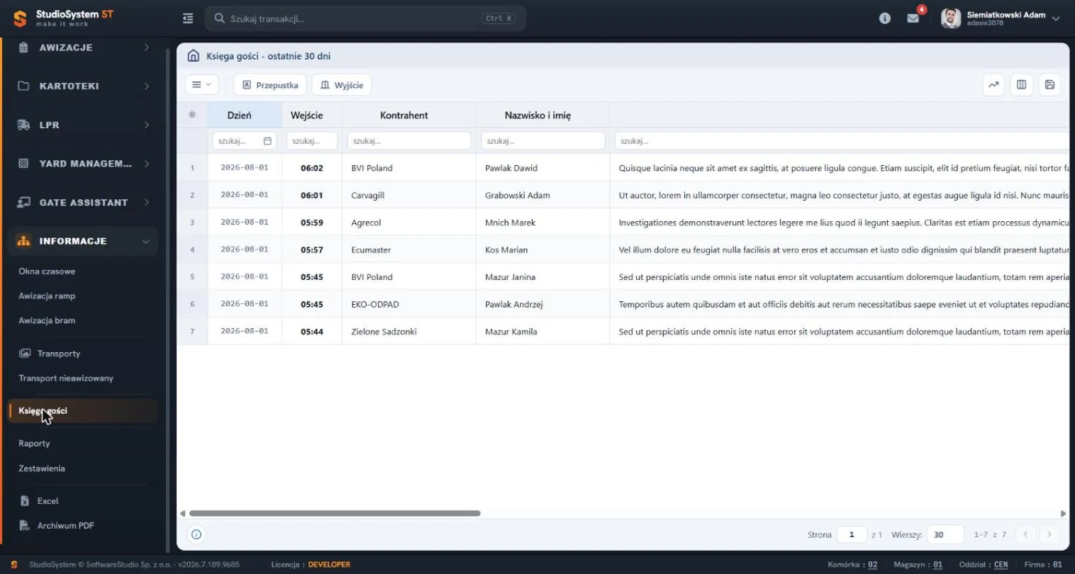Ksiega gości w module Informacje YMS z listą odwiedzających, godziną wejścia i wyjścia - VSS.net