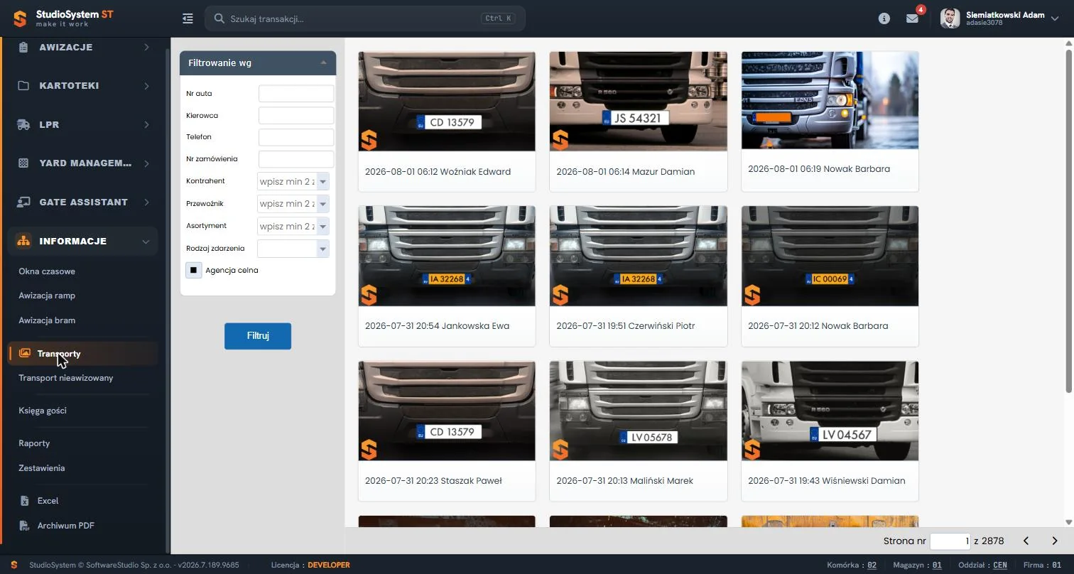 Zestawienie transportów w module Informacje YMS z statusami, kontrahentem i czasem realizacji – VSS.net