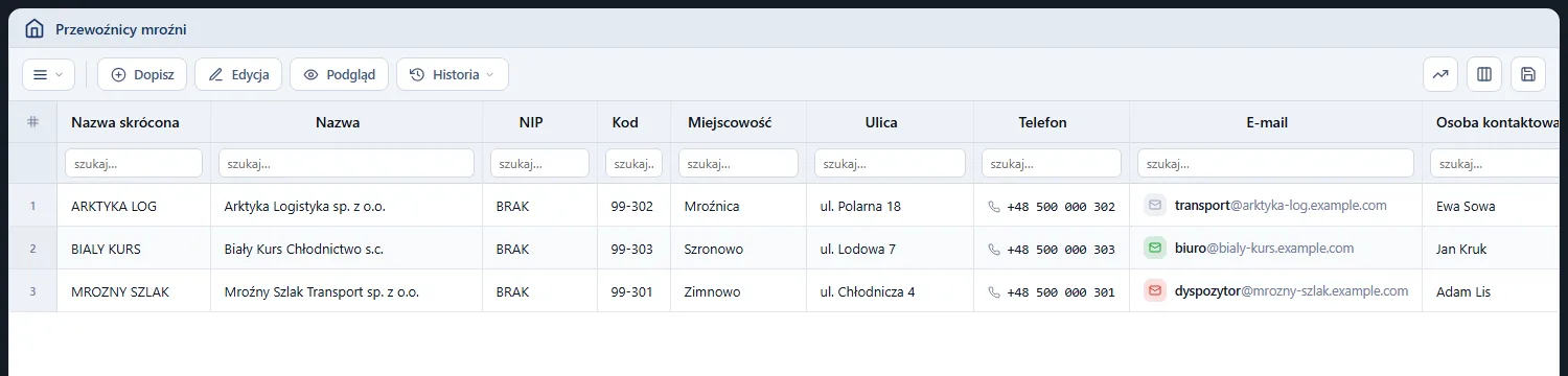 Rejestr Przewoźnicy mroźni: trzech przewoźników chłodniczych z nazwą, miejscowością, ulicą, telefonem, e-mailem i osobą kontaktową